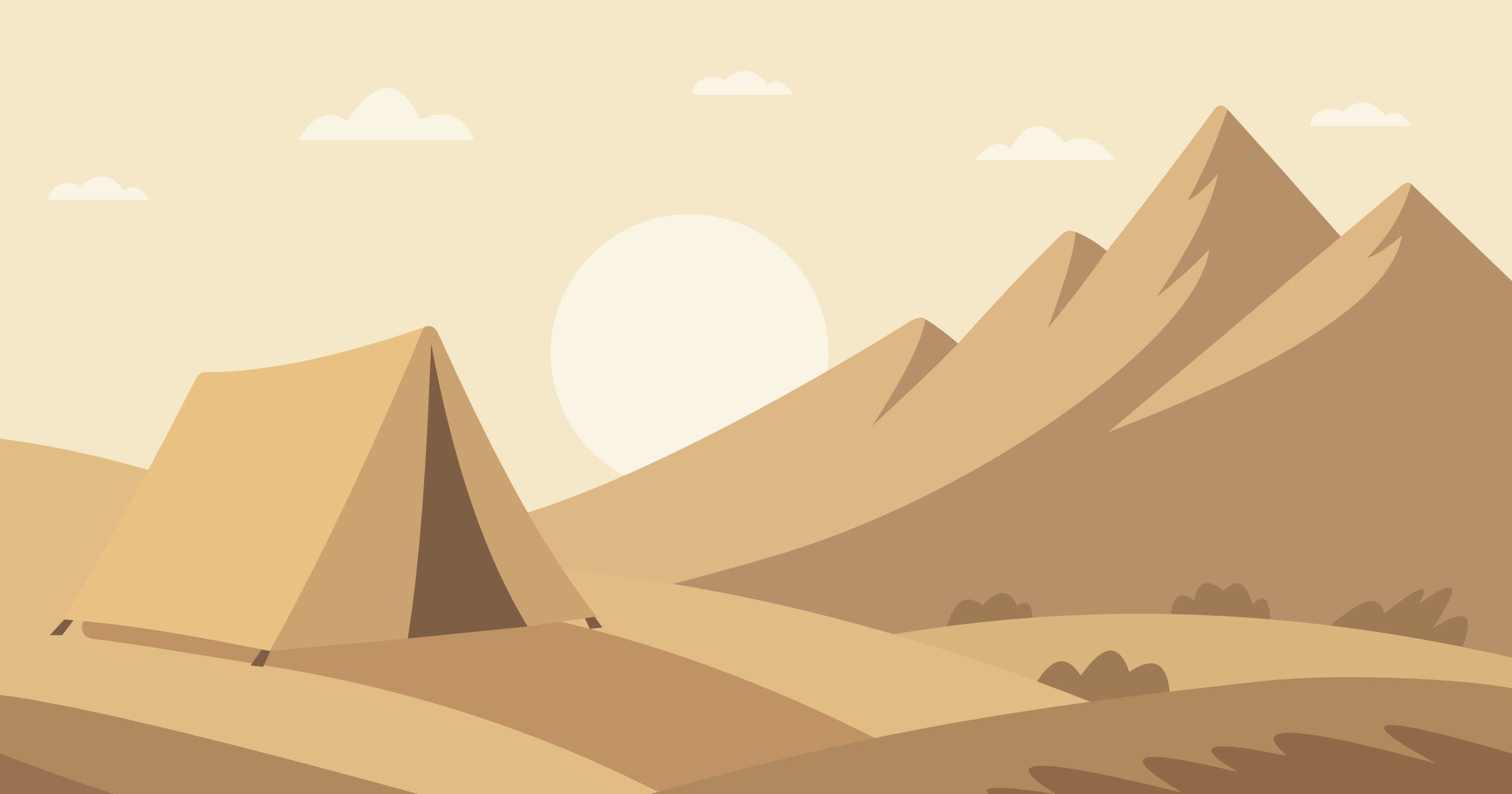 Illustration eines beigefarbenen Zeltes vor Hügeln und Bergen bei Sonnenaufgang. Symbol für den Start der Fokus-Reise mit focuscape.