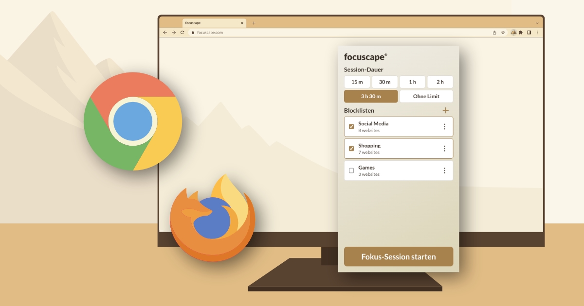 Illustration eines Desktop-Monitors mit geöffnetem Browser: Rechts die focuscape Browser Extension mit Session Dauer und Blocklisten, davor die Symbole von Google Chrome und Mozilla Firefox.