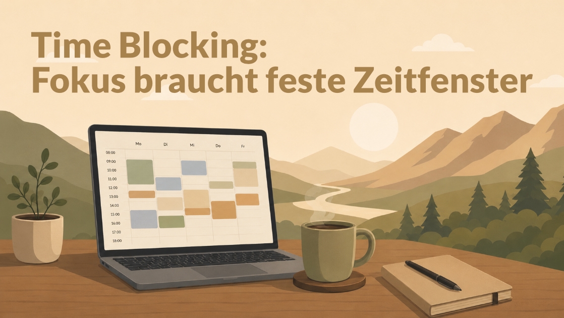Ruhige Illustration eines Schreibtischs mit Laptop, Kalender-Zeitblöcken, Kaffeetasse und Notizbuch vor einer sanften Berglandschaft. Das Bild visualisiert Time Blocking als Methode für mehr Struktur, Fokus und bewusste Arbeitszeit.