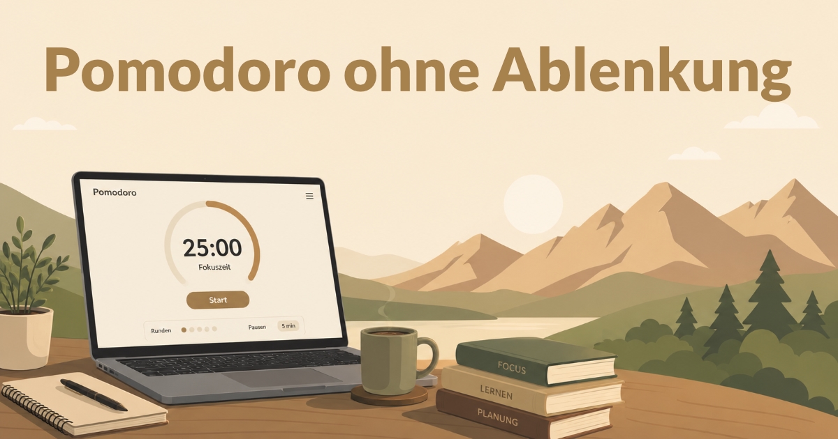 Minimalistische Illustration eines ruhigen Arbeitsplatzes mit Laptop, auf dessen Bildschirm ein Pomodoro-Timer mit 25 Minuten Fokuszeit angezeigt wird. Daneben liegen Notizbuch, Stift, Bücher, Pflanze und Kaffeetasse. Im Hintergrund ist eine warme Berglandschaft mit Sonne, Hügeln und Wald zu sehen.