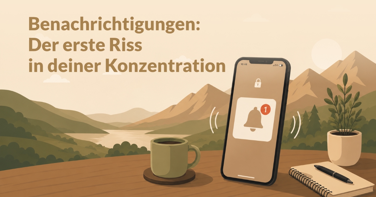 Illustration eines ruhigen Arbeitsplatzes vor einer Berglandschaft mit Smartphone, Kaffeetasse, Notizbuch und Pflanze. Auf dem Smartphone ist eine Benachrichtigung zu sehen. Links steht die Überschrift: „Benachrichtigungen: Der erste Riss in deiner Konzentration“.