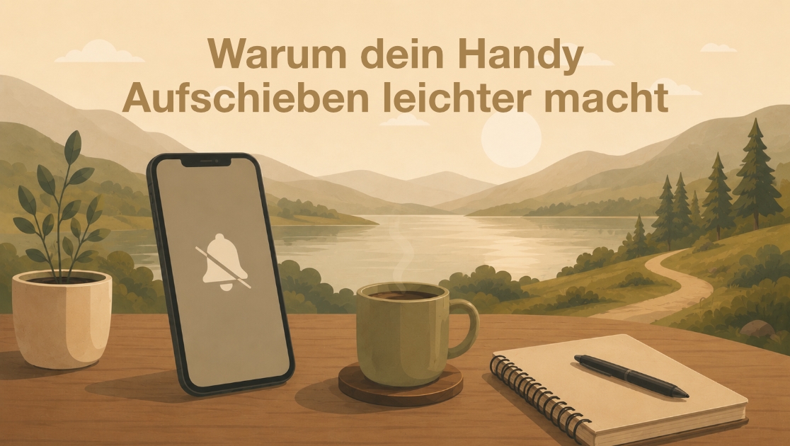 Ruhige Illustration eines Schreibtischs mit Smartphone im Nicht-stören-Modus, Kaffeetasse, Pflanze und Notizbuch vor einer sanften See- und Hügellandschaft. Das Bild visualisiert, wie weniger Handy-Ablenkung konzentriertes Lernen und Arbeiten unterstützt.